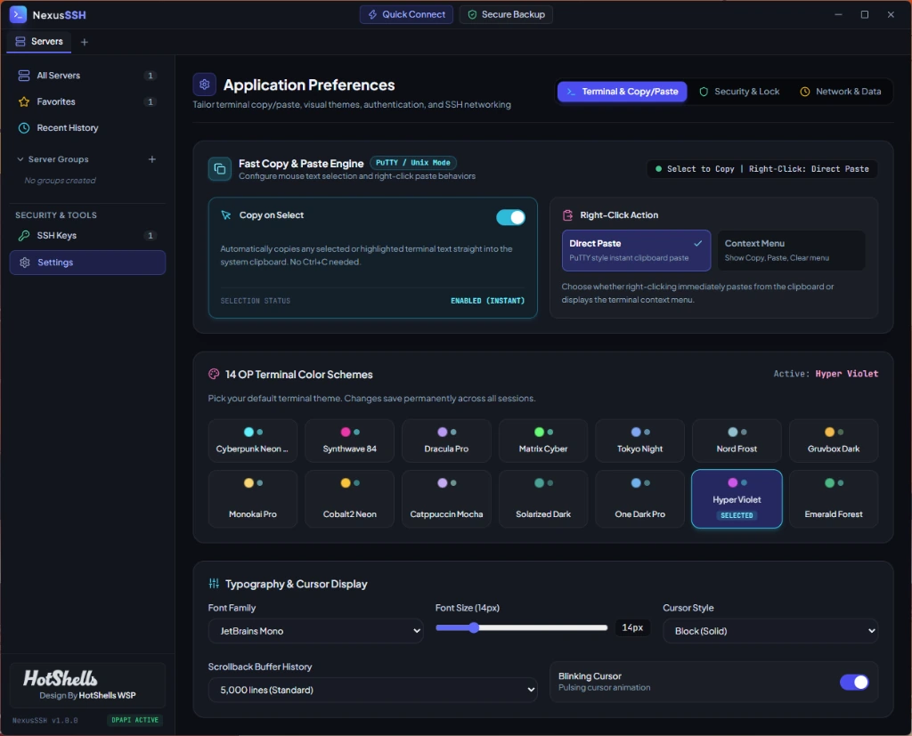 NexusSSH Application Preferences Screen