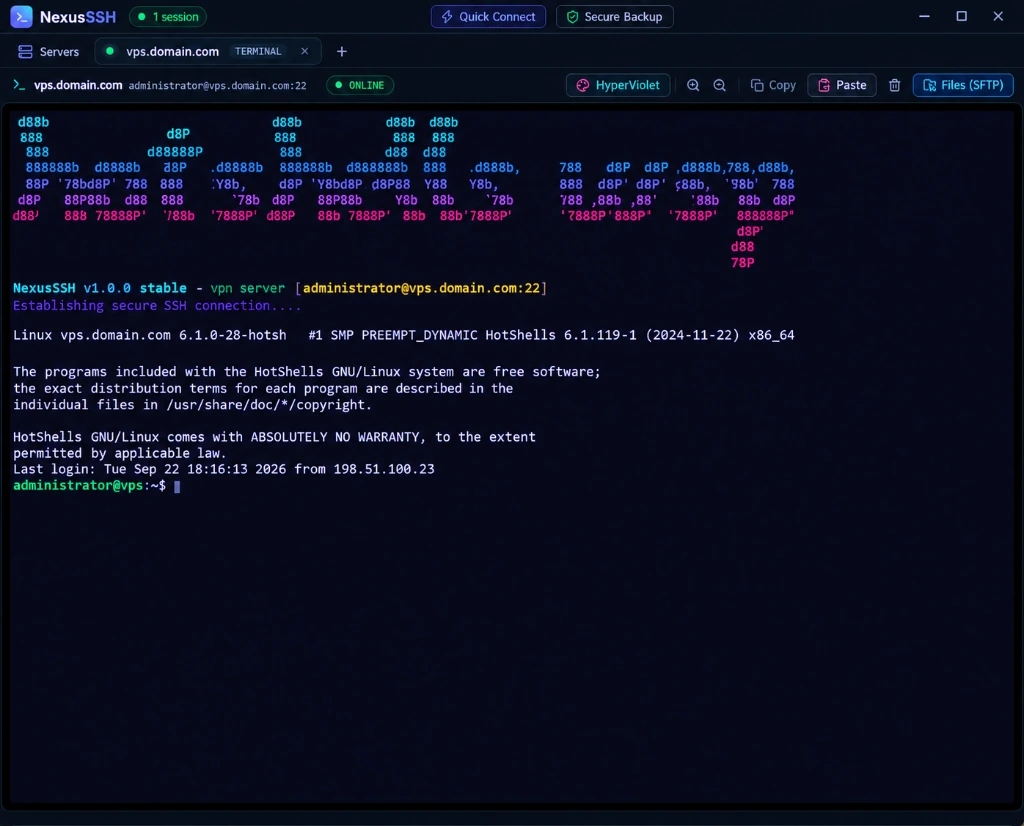 NexusSSH Live Terminal with HotShells MOTD Banner